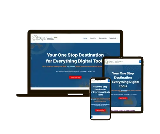 DigiToolsHub website homepage, visualized on a mockup of iPhone, Macbook and iPad.