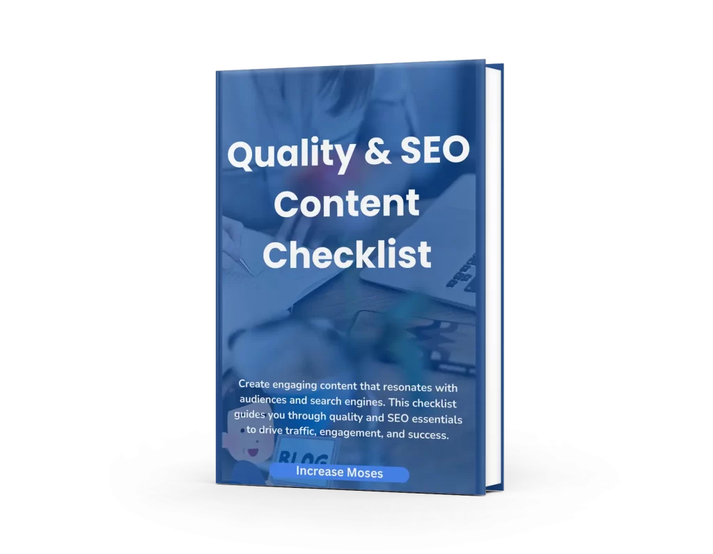 A book mockup titled Quality & SEO Content Checklist.