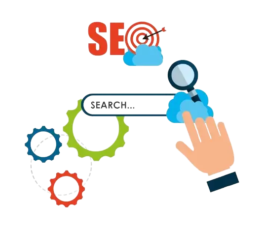 SEO written boldly with an arrow passing through the O. A hand touching a search icon covered in a cloud. A search bar with "search placeholder" is positioned over setup icons at left end of the image.