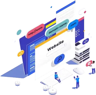 Illustration showing a webpage, and hosting server, the internet and people interacting with it.