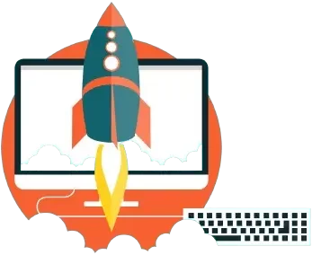 illustration of website optimization . A rocket boosting upward in the screen of a laptop displaying a webpage.