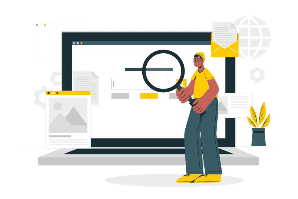 Vector illustration of a man holding a google and doing keyword research on the screen of a computer